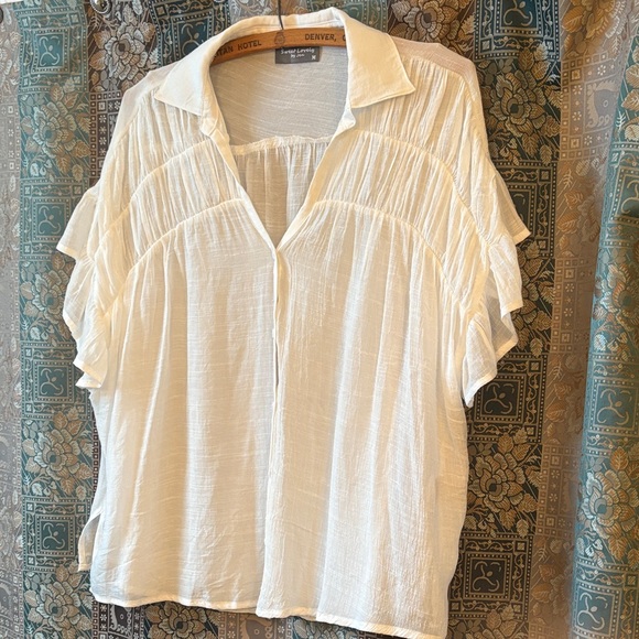 Sweet Lovely By Jen Tops - Adorable White Sheer‎ Blouse with Ruffle Sleeves
